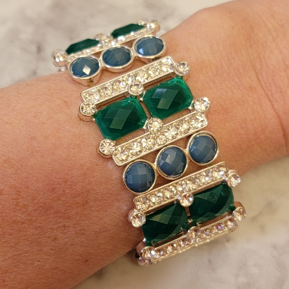 VTG 90s Stretch Cuff Bracelet Blue Green Faux Gemstone Rhinestone Statement Gift